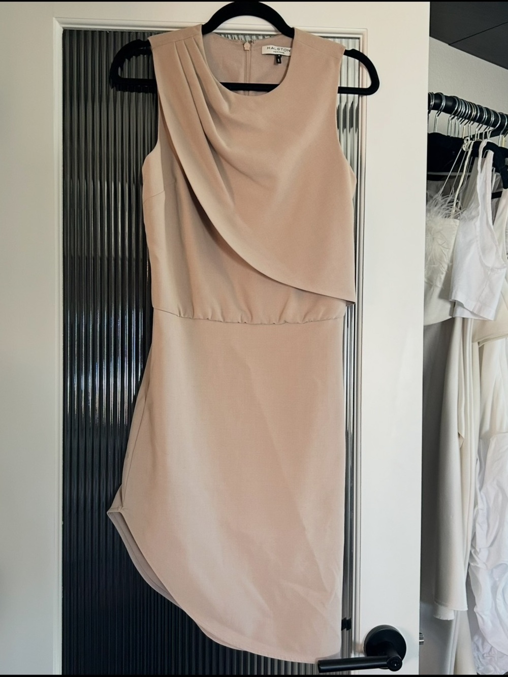 Halston Heritage Nude Blush Asymmetrical Draped Sheath Dress, Size 0